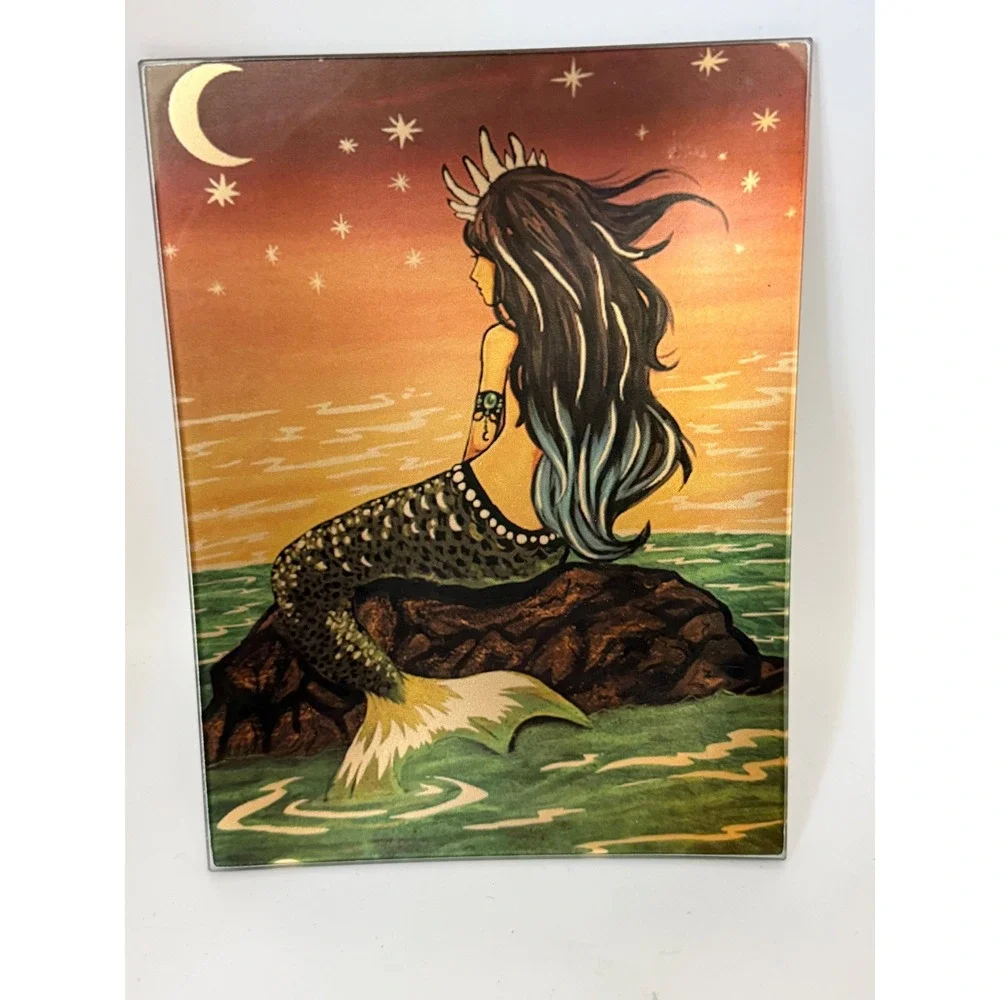 World Buyers Reina Mermaid Glass Trinket Tray Tattoo Art Moon Stars New
